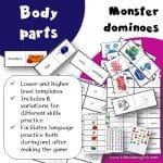 Body Parts Monster Dominoes cover. Lower and higher level templates. Includes 6 variations for different skills practice. Facilitates language practice both during and after making the game.