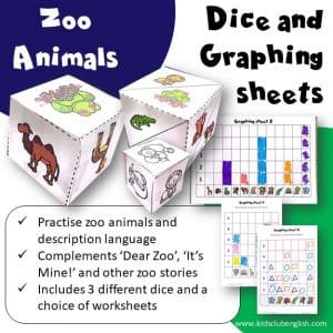 Zoo Animals Dice and Graphing sheets cover. Practise zoo animals and description. Complements 'Dear Zoo', 'It's Mine!' and other zoo stories. ncludes 3 different dice and a choice of worksheets.