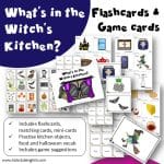 What's in the Witch's Kitchen flashcards resource cover - Flashcards and Game cards. Includes flashcards, matching cards, mini-cards. Practise kitchen objects, food and halloween vocabulary. Includes game suggestions.
