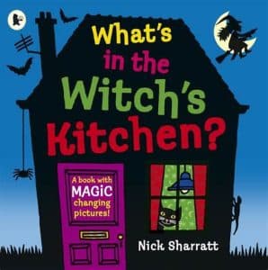 What's in the witch's kitchen book cover. Image of black house and bats with a cat at the window and overlaying title text.