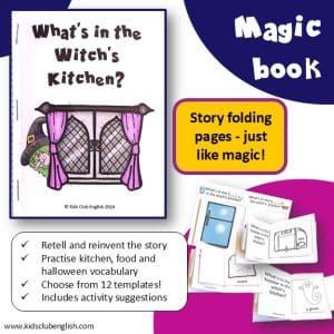 Witch's kitchen magic book resource cover. What's in the Witch's Kitchen? Story folding pages - just like magic! Retell and reinvent the story. Practise kitchen, food and halloween vocabulary. Choose from 12 templates! Includes activity suggestions.