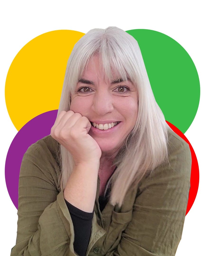 1 to 1 support options with Fiona. Picture of Fiona Hunter with coloured circles as a backdrop