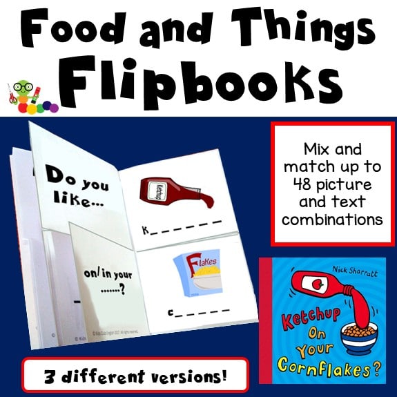 Food and Things Flipbooks - mix and match 48 different picture and text combinations, 3 different versions, image of sample pages from the flipbook