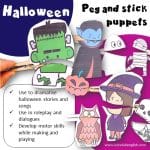 Halloween peg and stick puppets. Use to dramatise halloween stories and songs. Use in roleplay and dialogues. Develop motor skills while making and playing.